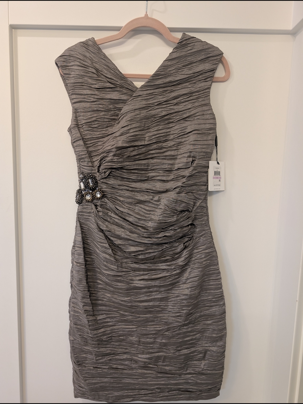 Calvin Klein Gray Ruched V-Neck Midi Dress with Jewel Brooch